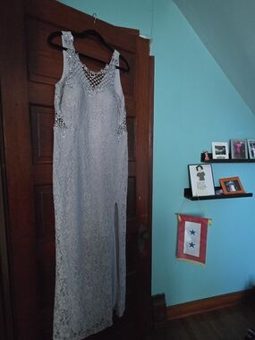 City Studio Silver Lace Maxi Dress with Beaded Mesh Yoke